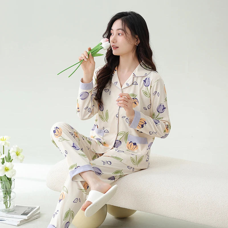 Women's Long Sleeve V-neck Nightgown CVC Blend Material Moisture-wicking Quick Dry Soft Breathable Elastic Waist Casual