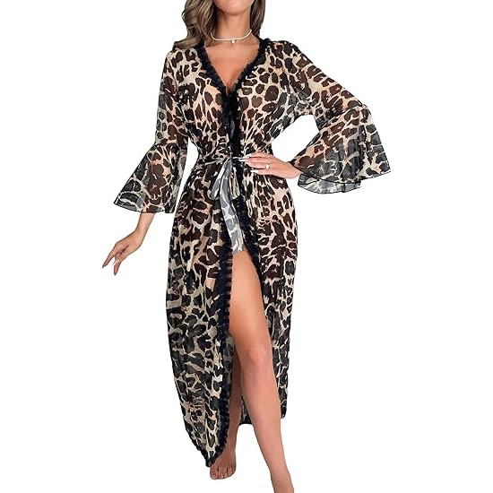 Women's Long-Sleeved Leopard Print Knitted Robe Breathable for All Seasons with Drawstring Closure pajama set custom