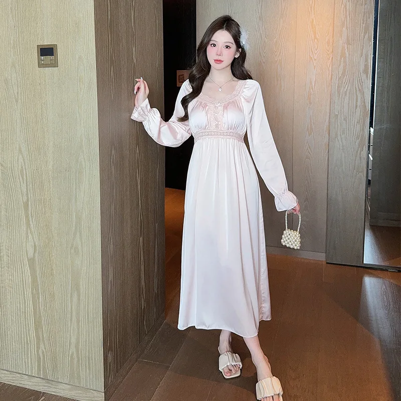 Women's Long Sleeved Nightdress Lace Neckline Satin Pajamas