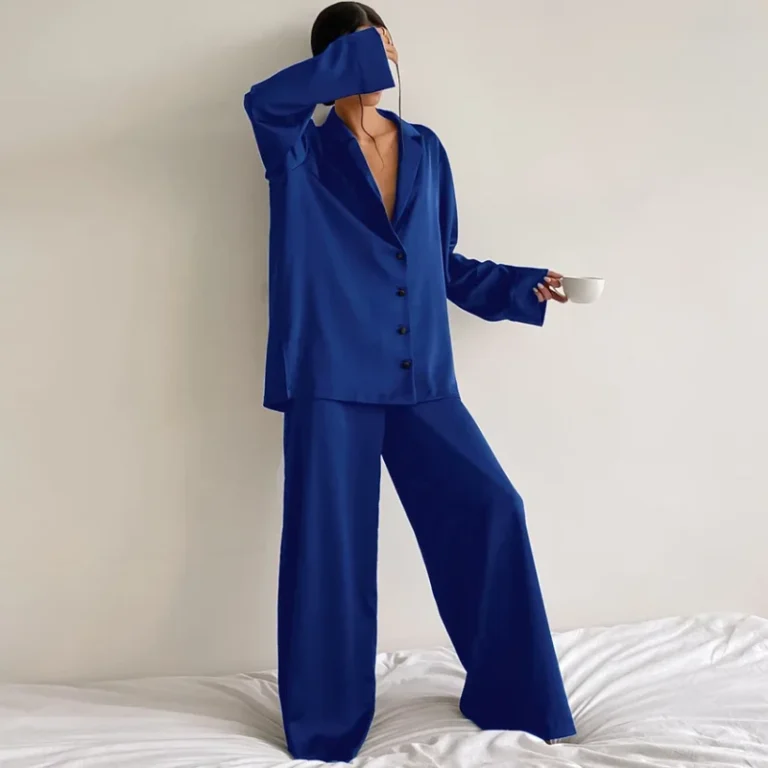 Womens-Long-sleeve-Loungewear-Set-Satin-like-Shirt-Thin-Trousers-Two-piece-Pajamas