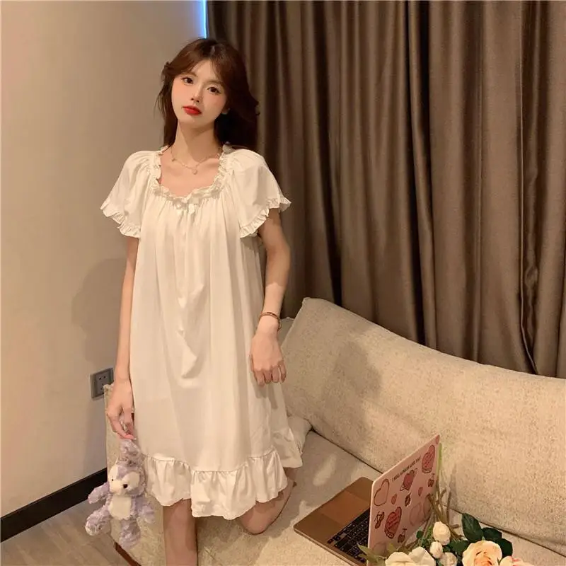 Women's Loose and Lovely Nightdress Solid Color Milk Silk Short Sleeved Pajamas