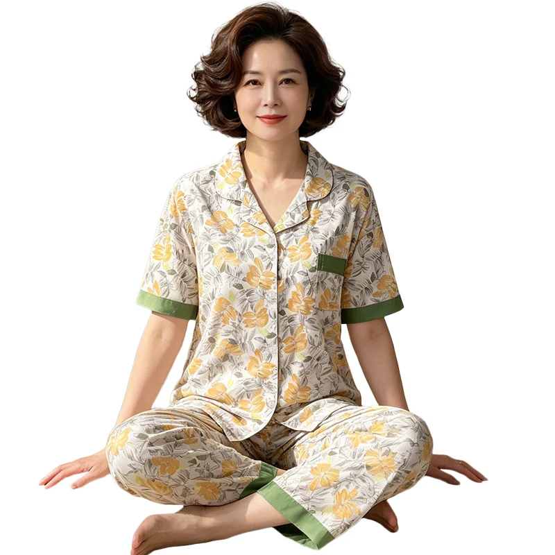 Women's Loose-fitting Oversized Summer Pajamas Short-sleeve Top And Long Pants With Floral Print