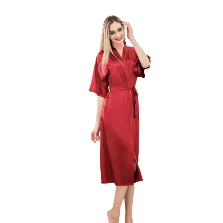 Womens-Luxury-Designer-Satin-Red-Kimono-Bath-Robe-with-Short-Sleeves-Breathable-Quick-Dry-Woven-Fabric-for-Summer-ODM-Supply