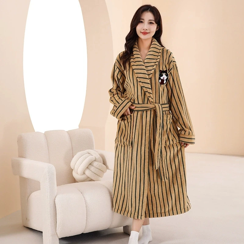 Women's Luxury Robe Super Soft Cozy Coral Fleece Front Logo Plush Long Bathrobe