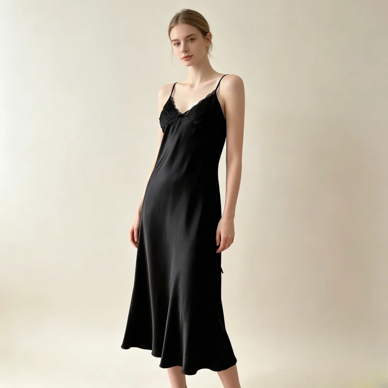 Women's Luxury Satin Nightdress Pleated Bust Lace for Dress Side Slit Elastic Waist Drawstring Midi Pyjamas Sleepwear Custom