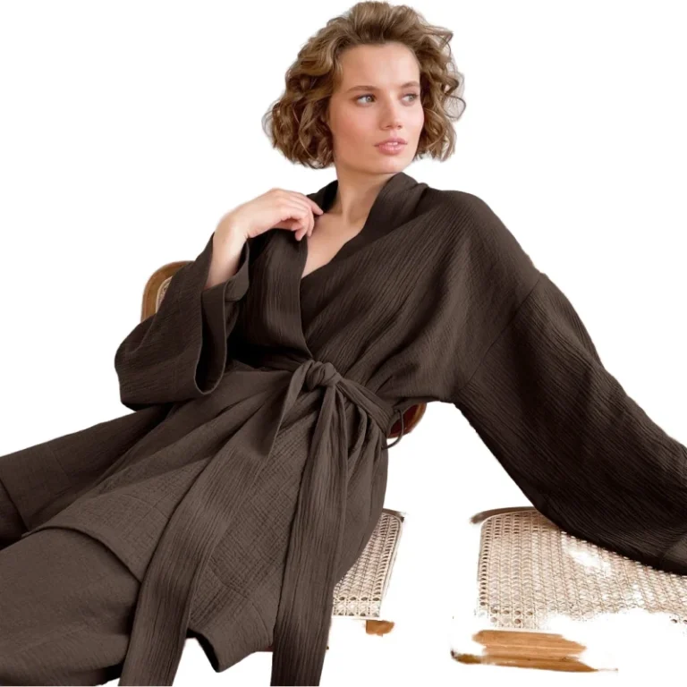Womens-Luxury-Vintage-Spa-Belted-Gauze-Bathrobe-100-Cotton-Breathable-2-Piece-Lounge-Wear-Customizable-Pyjamas-Elastic-Waist