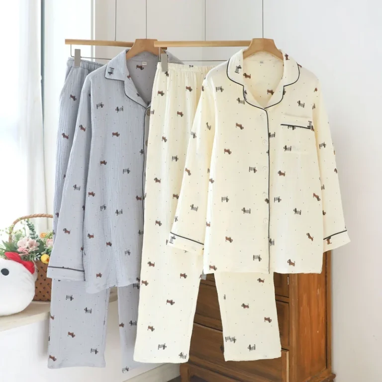 Womens-Mens-Crepe-Puppy-Couple-Set-Double-Layer-Gauze-Woven-Pure-Cotton-Breathable-Comfortable-Sleep-Cartoon-Pajamas