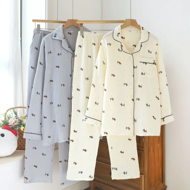 Women's Men's Crepe Puppy Couple Set Double Layer Gauze Woven Pure Cotton Breathable Comfortable Sleep Cartoon Pajamas
