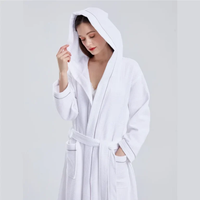 Womens-Mens-Soft-Summer-Elegant-Breathable-Bathrobe-Pure-Cotton-Waffle-Quick-Drying-Hooded-Nightgown-ODM-Supply-Solid-Pattern