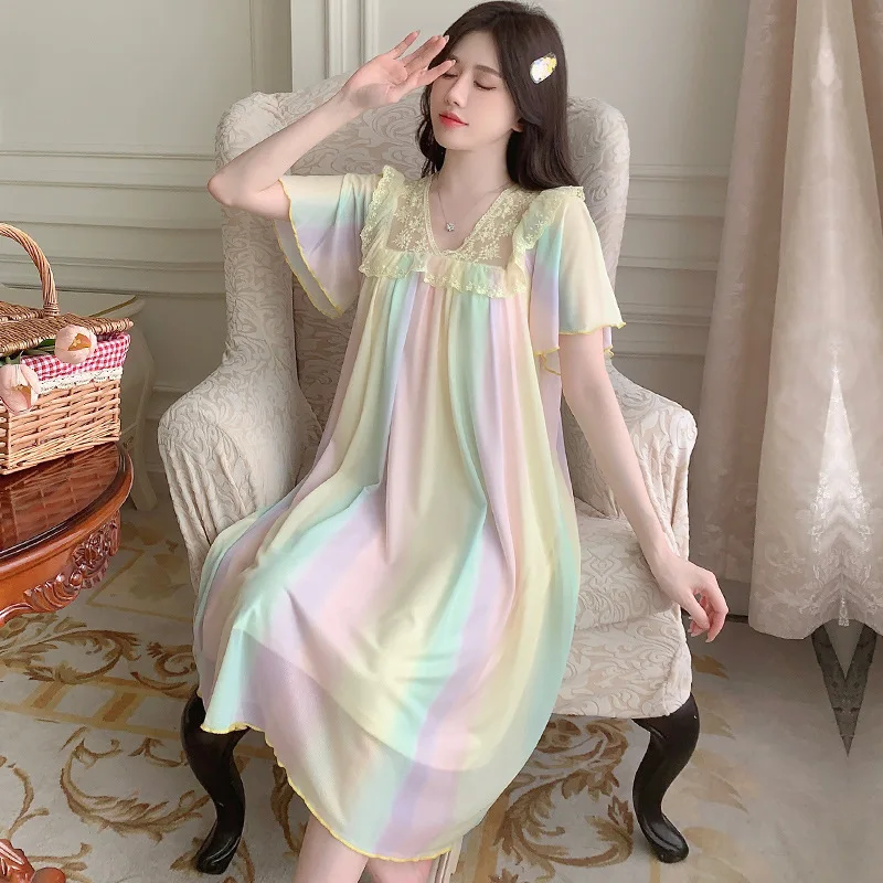 Women's Mid Length Nightdress Summer Solid Color Lace Bowknot Mesh Casual Palace Princess Elastic Waist Front Sleepwear
