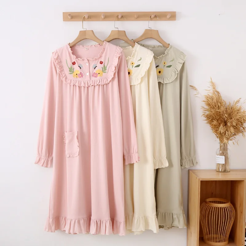 Women's Mid-Length Nightgown Floral Embroidered Casual Home Dress 100% Cotton Long Sleeved Sweet Princess