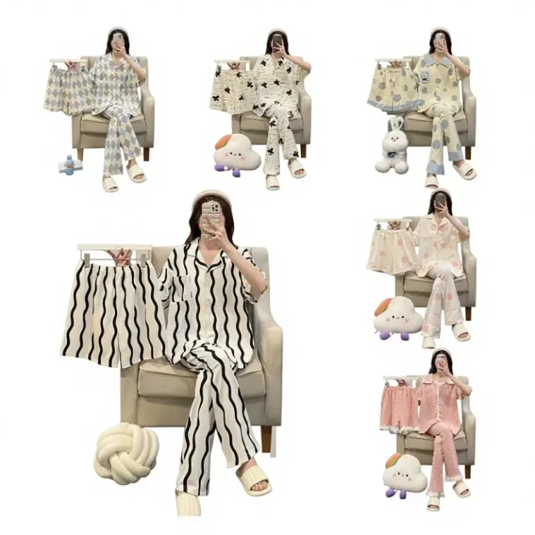 Womens-Mixed-Three-Piece-Pajama-Set-Cute-Cartoon-Design-Low-Price-Woven-Fabric-Cardigan-Short-Sleeved-Pants