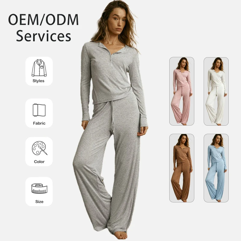 Women's Modal Floral Pajamas Set Eco friendly Lettuce Edge Loungewear Button Henley Sleepwear for Women