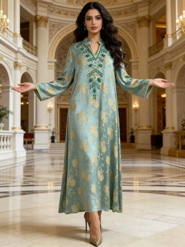 Women's Modest Eid Muslim Dress Beading Stand Collar Embroidery Abaya Jalabiya Party Dress Long Arab Robe Morocco Kaftan