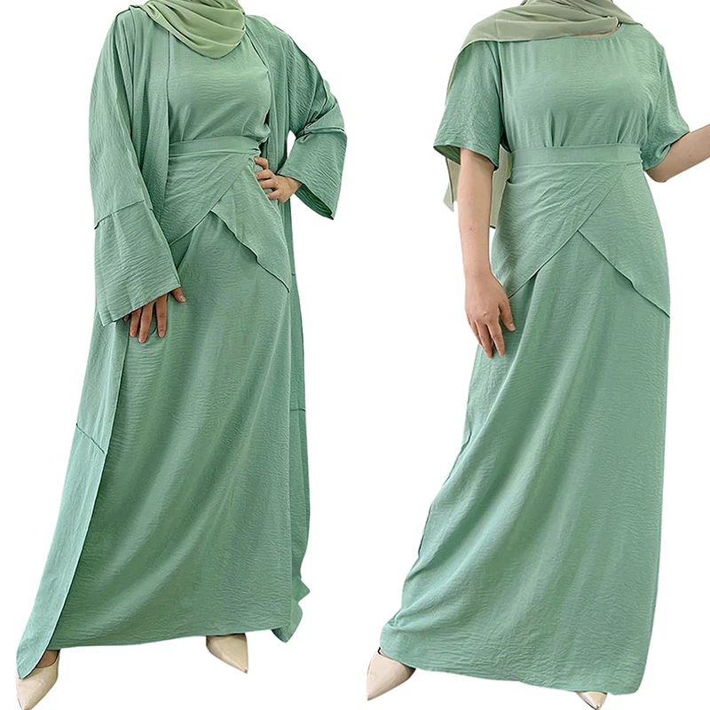 Women's Muslim Abaya Dress Three Pieces Set Islamic Prayer Robe Open Front Flowy Cardigan Dress