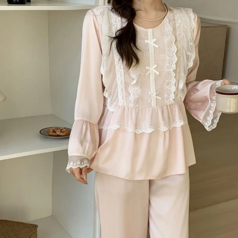 Women's Neck Lace 100% Polyester Long Sleeve Ankle-Length Pants Cute Style Quick Dry Breathable Soft Pajamas Set Spring Summer