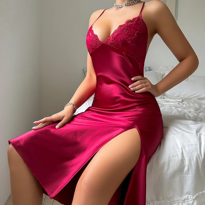 Women's New Fashion V Neck Lace Patchwork Sleepwear Sexy Long Slit Knee Length Nightdress for Summer and Spring