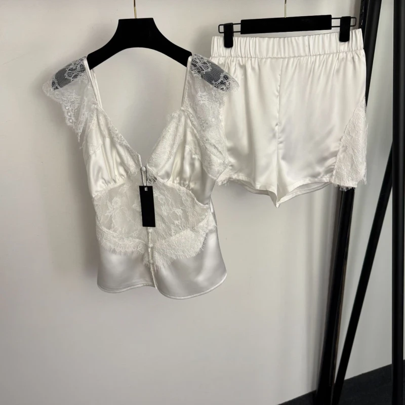Women's New Pajama Set Lace Stitched V Neck Camisole Top+shorts