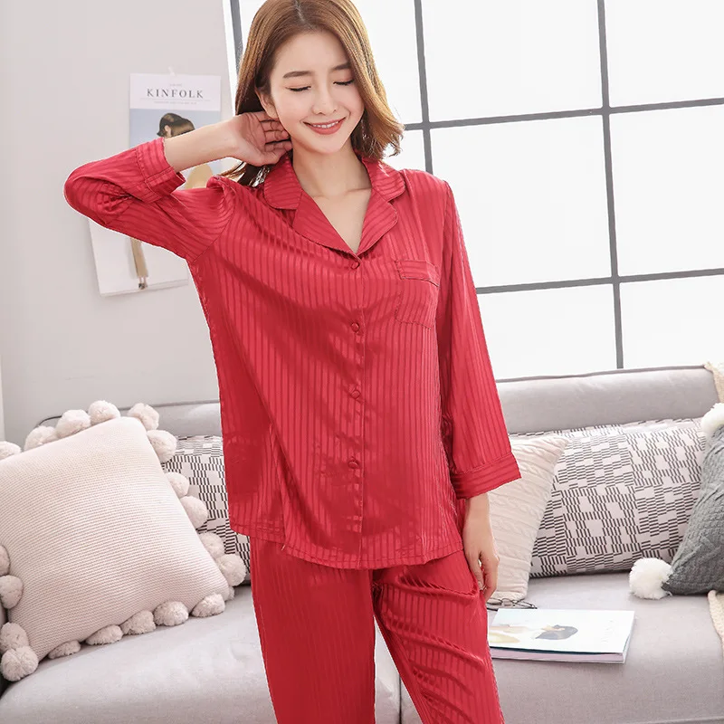 Women's New Style Solid Jacquard Pajamas Long Sleeve Polyester Elastic Waist Quick Dry Sleepwear for Spring Autumn Thin Lapel