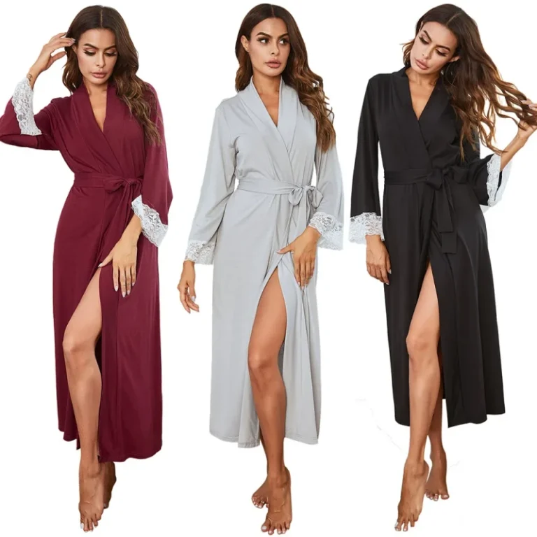 Womens-Night-Robe-Long-Sleeved-Lace-Splicing-Strap-Long-Home-Clothes-Pajamas-Bathrobe