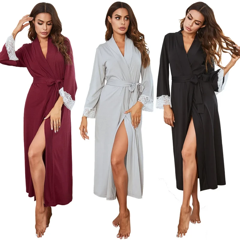 Women's Night Robe Long Sleeved Lace Splicing Strap Long Home Clothes Pajamas Bathrobe