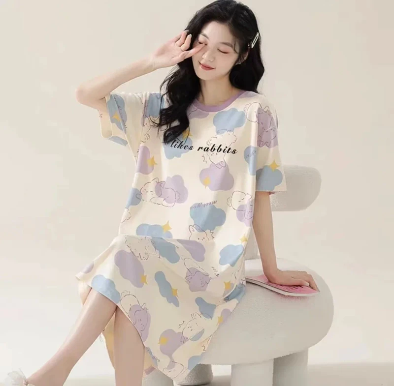 Women's Nightdress Cartoon Print Women's Pajamas Summer Light Nightgown Maternity Sleepwear One piece Dress