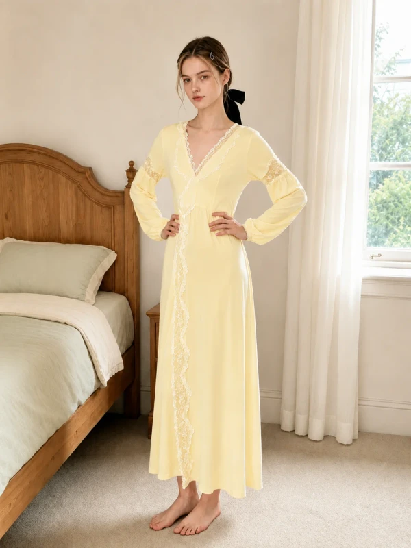 Women's Nightdress Eco Friendly Modal Loose Loungewear Knit Long Sleeve Sleepwear Sexy Laces Embroidery Maxi Robe