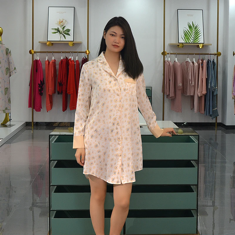 Women's Nightdress Satin Nightgowns Long Sleeve Print Sleepwear Button Sleep Shirt Dress