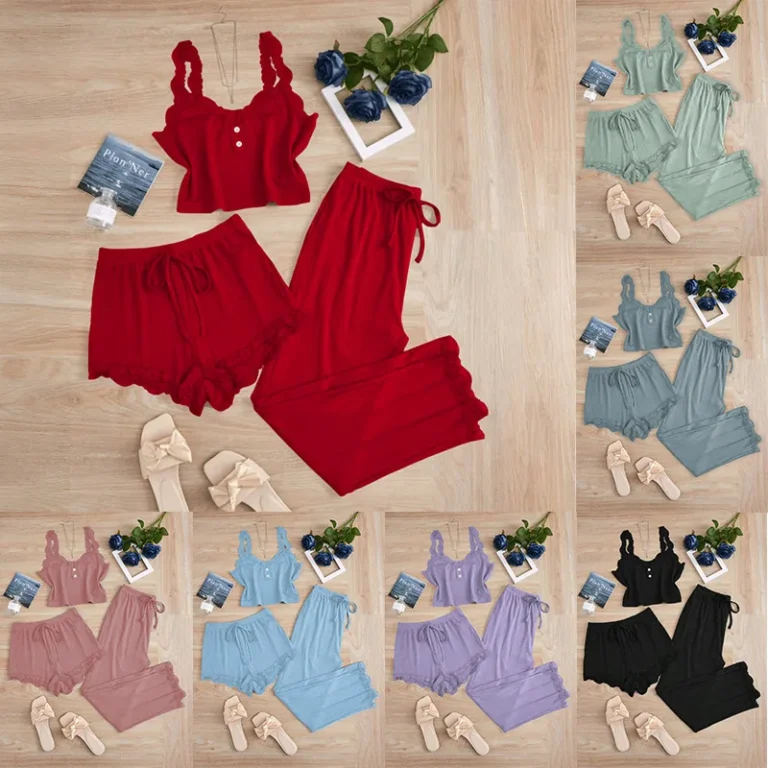 Womens-Nightgown-Set-Lace-Trim-Three-Piece-Camisole-Drawstring-Shorts-Sexy-Nightwear