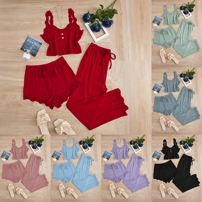 Womens Nightgown Set Lace Trim Three Piece Camisole Drawstring Shorts Sexy Nightwear