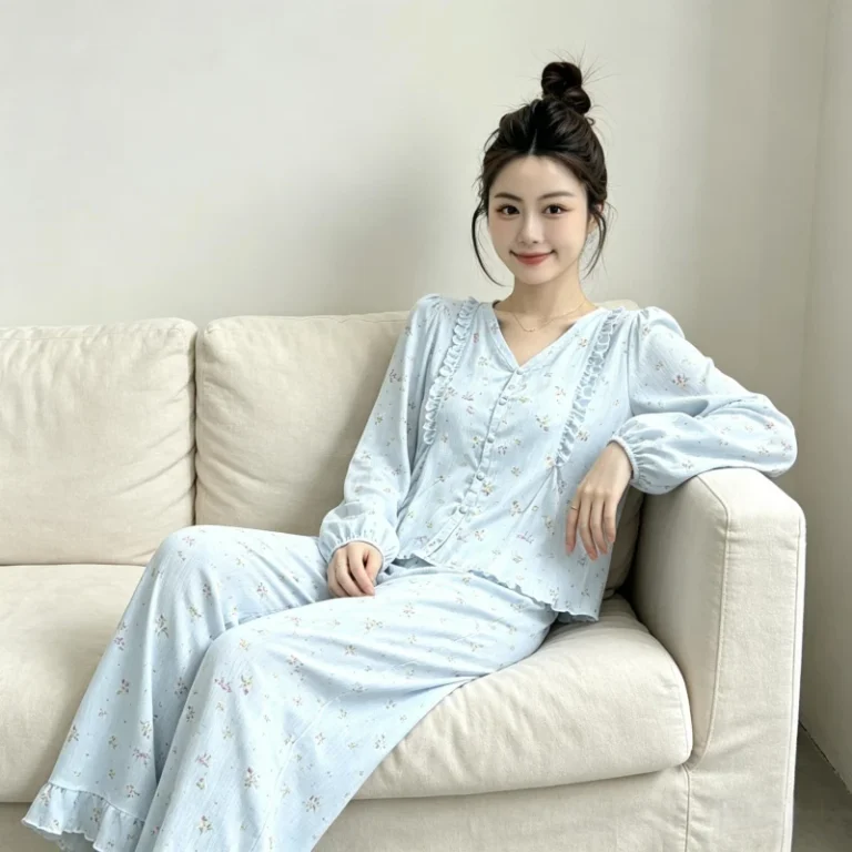 Womens-Nightwear-PJ-Spring-Autumn-Luxurious-Printed-Pajama-Set-Built-in-Bra-Lyocell-V-neck-Long-Sleeve-Pants-Loose-Fitting