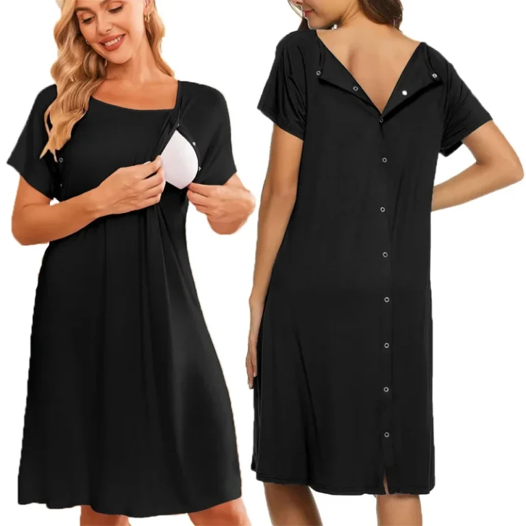 Womens-Nursing-Hospital-Nightdress-Short-Sleeve-Maternity-Nightgown-with-Button