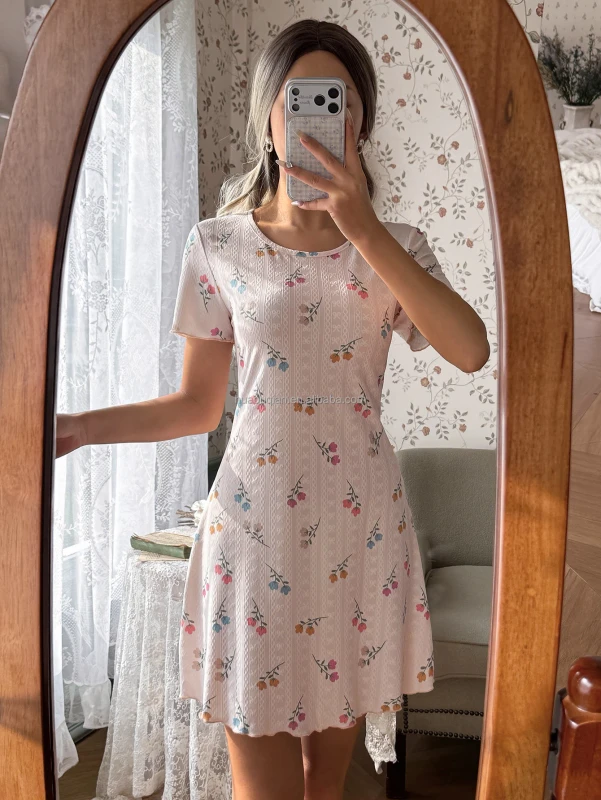 Women's ODM Romantic Classic Casual Summer Pajamas Dress Floral Printed Short Sleeve Breathable Nightdress