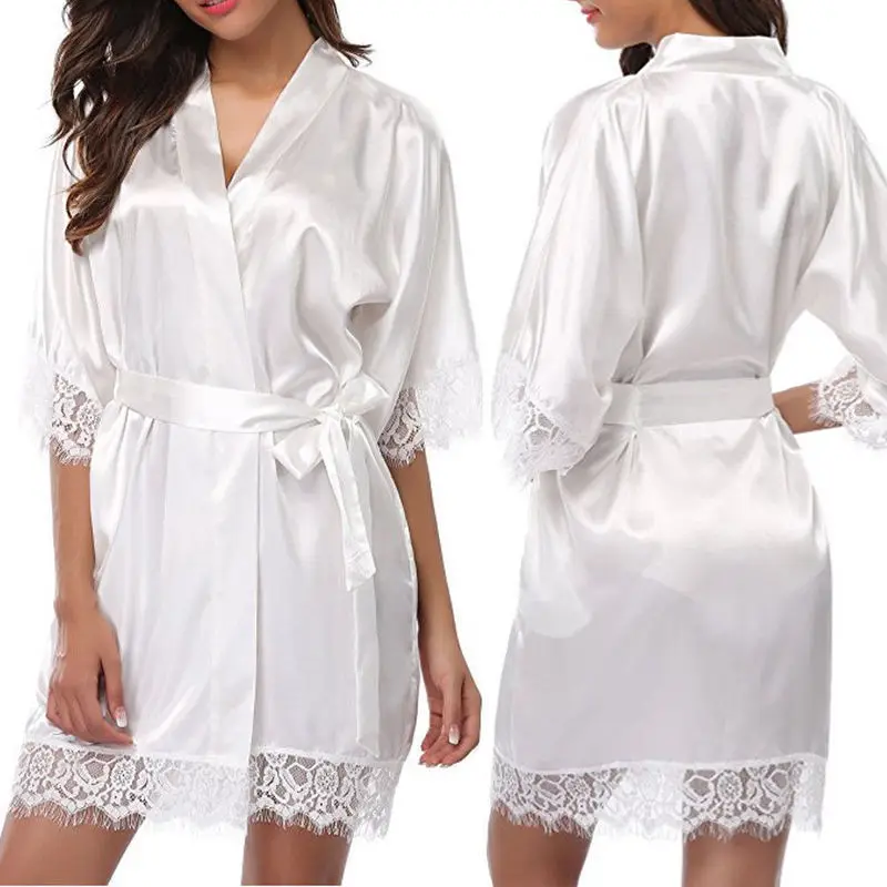 Women's Oversized Comfortable Silk Smooth Nightgown Sexy Lace Lingerie Solid Color Belt Bathrobe Short Sleeved Nightgown