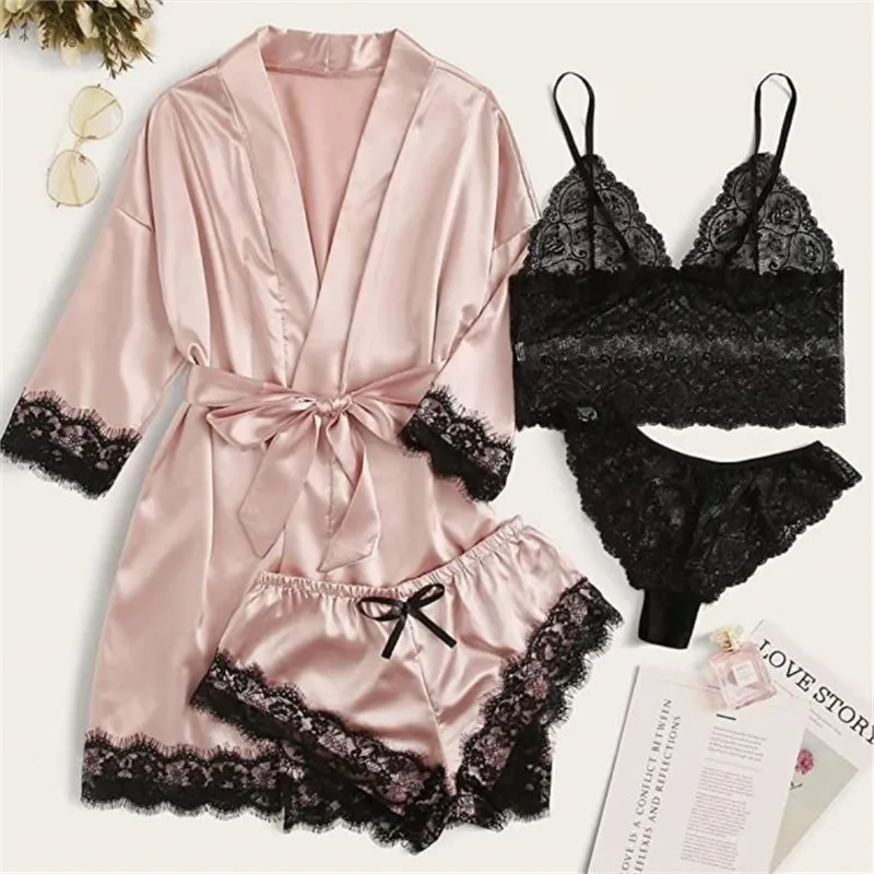 Womens Pajama Set European American Cross Border ODM Stretch Satin Lace Camisole Vest Lingerie Four Piece Breathable