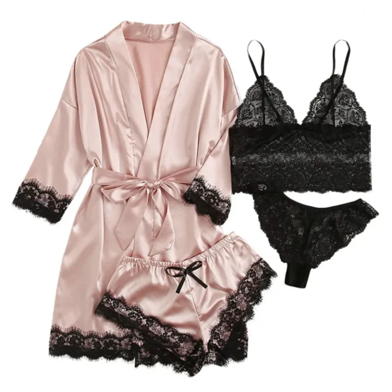 Womens-Pajama-Set-Four-Piece-Lace-Camisole-Summer-Sleepwear-With-Robe-and-Nightdress