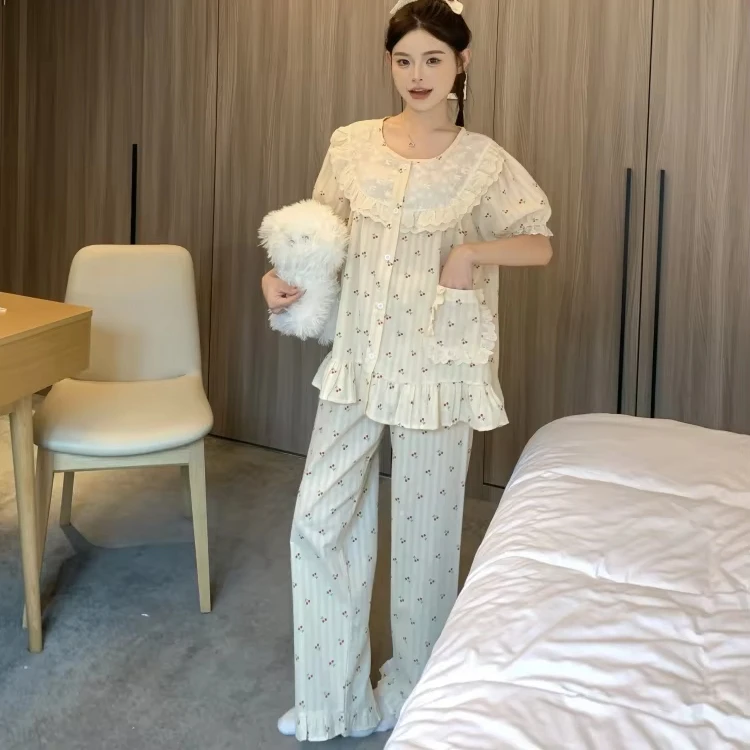 Womens-Pajama-Sets-Sweet-Princess-Heavy-Embroidery-Lace-Robe-Summer-Outdoor-Wear-Home-Wear