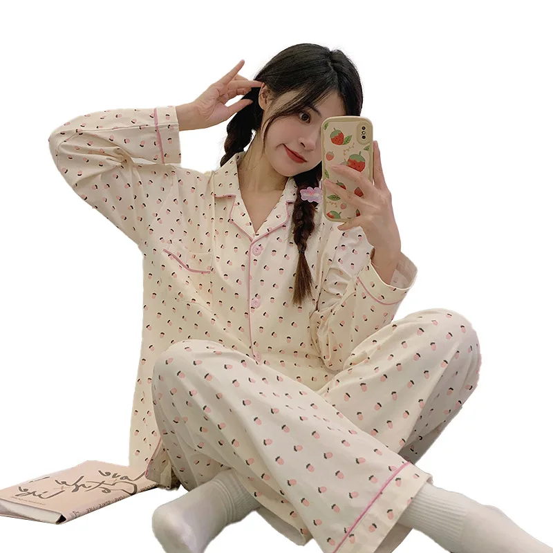 Women's Pajamas Fall Thin Section Long sleeved Pants Lapel Cardigan Home Clothing