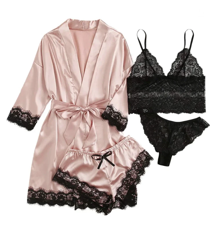 Women's Pajamas Lace Satin Suspender Nightdress Female Summer Suit with Nightgown Nightdress