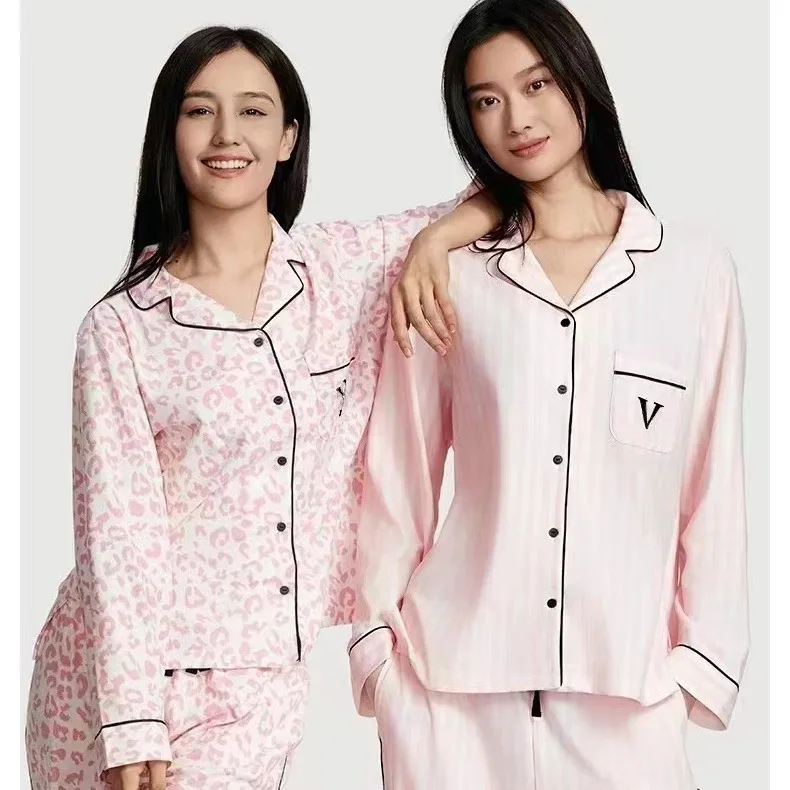 Women's Pajamas Lapel Long Sleeve Set Alphabet Print Sleepwear Embroidery Satin Home Wear