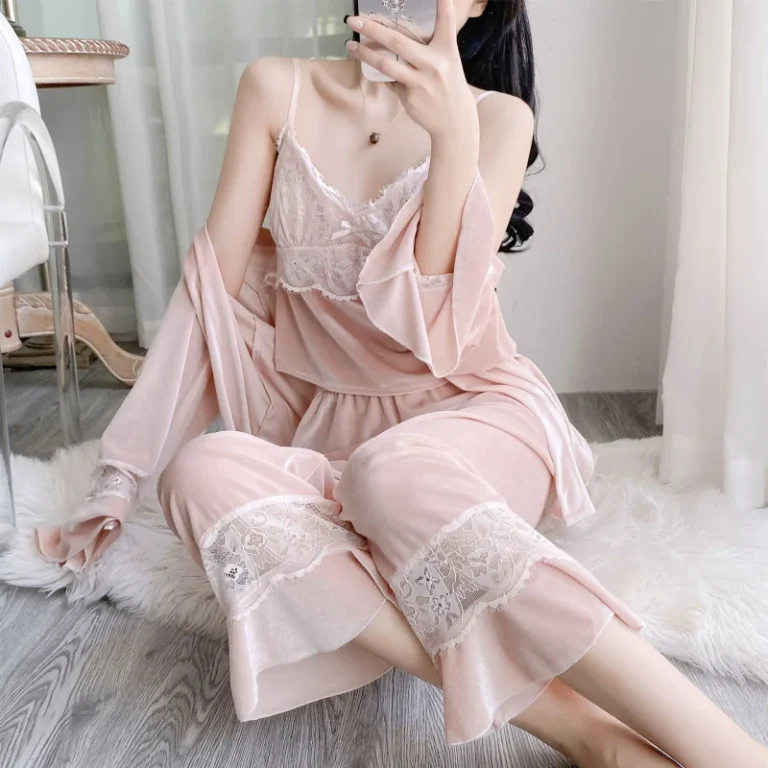 Womens-Pajamas-New-Autumn-Winter-Velvet-Solid-Three-Piece-Set-Breathable-Front-V-neck-Sexy-Camisole-Nightgown-Long-Pants