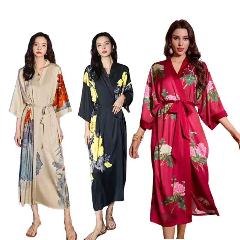 Women's Pajamas Plus Sizes New Silk Kimono Robe Bathrobe Women Silk Satin Robes Sexy Robes Satin Ladies Dressing Gowns