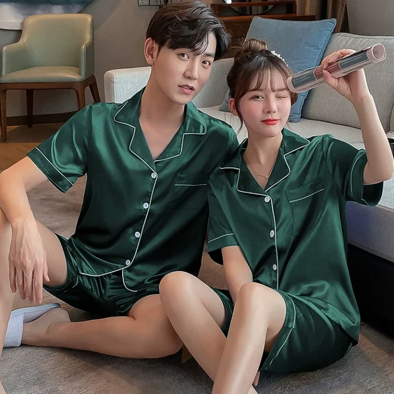 Womens-Pajamas-Satin-Mens-100-Silk-Home-Sleep-Wear-Short-Set