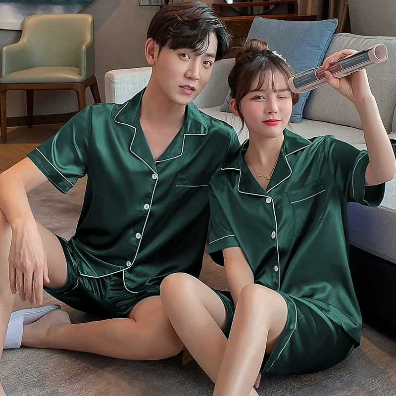 Women's Pajamas Satin Men's 100% Silk Home Sleep Wear Short Set