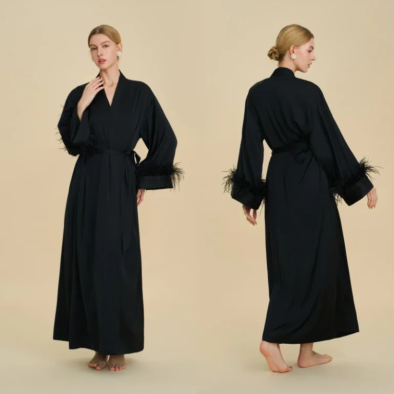 Womens-Pajamas-Satin-Robes-Women-Luxury-Ostrich-Fur-Cuff-High-end-V-Neck-Female-Bridesmaid-Robes