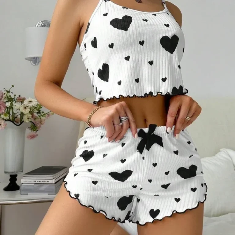 Womens-Pajamas-Set-Knitted-Sweet-European-American-Style-Ribbed-Heart-Print-Spring-Elastic-Waist