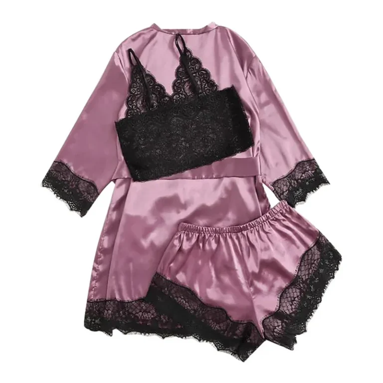 Womens-Pajamas-Set-Lace-Camisole-Shorts-Bow-Robe-Set-Sleepwear