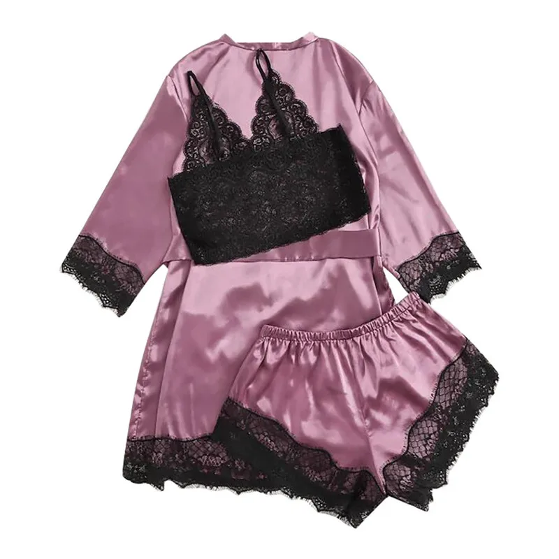 Women's Pajamas Set, Lace Camisole Shorts, Bow Robe Set, Sleepwear