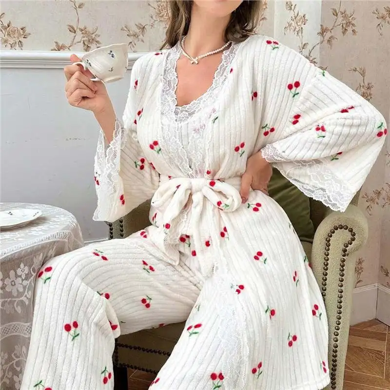 Womens Pajamas Set New Spring Brushed Flannel Pit Stripe Cherry Lace Trim Polyester V Neck Bathrobe Three Piece Set
