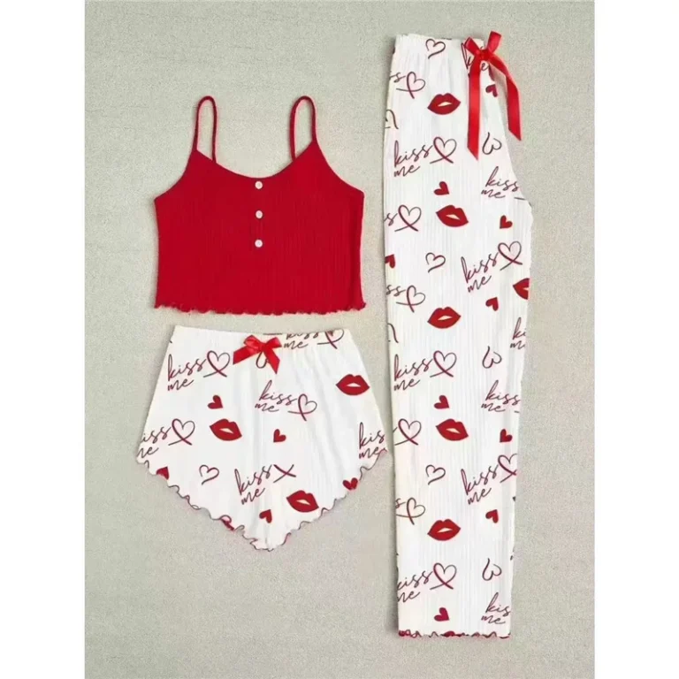 Womens-Pajamas-Set-New-Spring-Heart-Print-Button-Milk-Silk-Camisole-Cross-Border-Long-Pants-Three-Piece